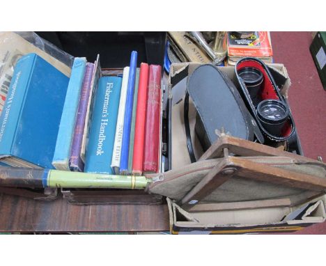 Pathescope 16x50 binoculars, Miranda 10x50 pair, tennis racket, books, etc. in a Case and Box
