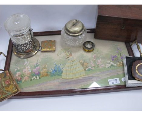 Vogue and Other Compacts. Mohagany tea caddy, embroidered paneled tray.
