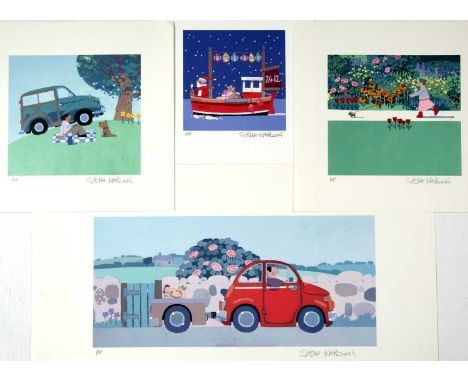 Sasha Harding (b.1949)'Dog walk in the park, print, unframed, 26cm x 27cm, 'Picnic on the hill' print, unframed, 26cm x 27cm,