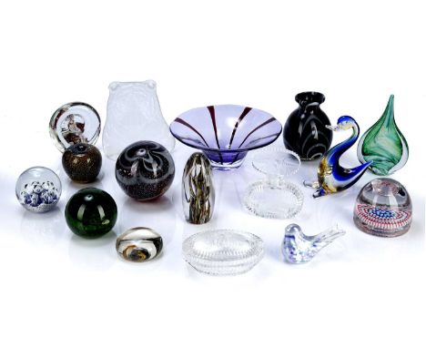 Collection of glassto include: Orrefors tiger paperweight, purple signed glass bowl, Murano glass vase, millefiori paperweigh