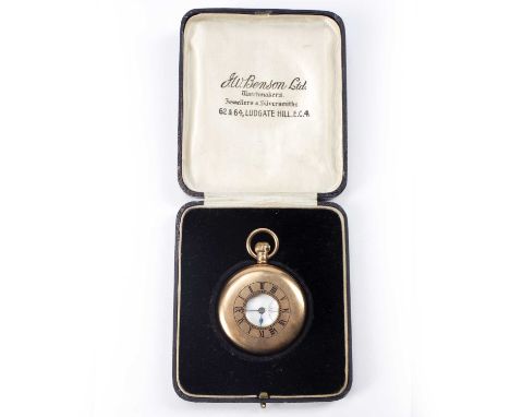 9ct gold J.W. Benson half hunter pocket watchthe white enamel dial with black Roman numerals and subsidiary dial, marked 'J. 