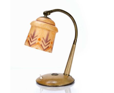 Bauhaus style desk lamp mid 20th Century, with transfer decorated glass shade, unmarked, height adjustableCondition report: O