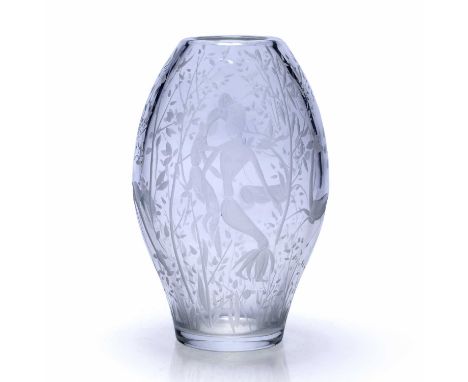 Attributed to Orrefors of Swedenlarge etched glass vase, early/mid 20th Century, decorated with figures and deer amongst tree