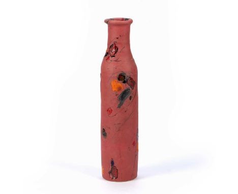 Robin Welch (1936-2019)studio pottery red bottle vase, decorated with abstract motifs, impressed mark to the foot of the vase