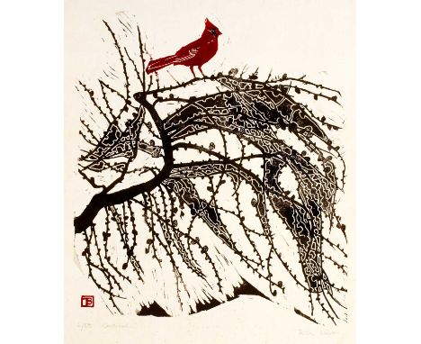 Tessa Beaver (1932-2018)'Cardinal' woodblock print, numbered 6/50, signed in pencil lower right, 51.5cm x 51cm, 'Blackbirds' 