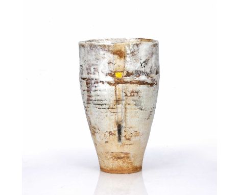 Robin Welch (1936-2019) Stoneware vessel, with textured grey glaze and spots of yellow and blue, impressed potter's seal mark