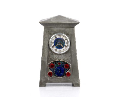 Attributed to Archibald Knox (1864-1933)pewter and enamel Arts and Crafts clock, stamped 'Tudric 0629' to the base, 17.5cm hi