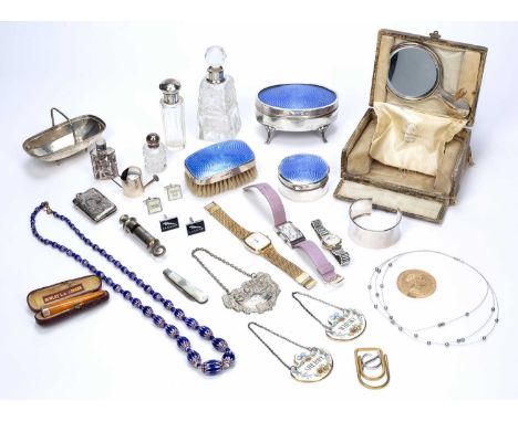 Collection of silver and miscellaneous items to include: boxed Mappin and Webb silver and blue guilloche enamel dressing tabl