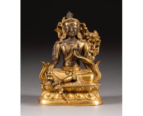   KLEINE GRÜNE TARA-FIGUR     Tibet, 19 Jh.     Bronze, part. vergoldet. H. 10,7 cm. Gemarkt. Besch., alte Restaurierungsspur