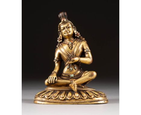   EINE TANTRISCHE FIGUR     Tibet, 19. Jh. oder früher     Bronze, vergoldet, Steinbesatz. H. 15,3 cm. Boden geschlossen und 