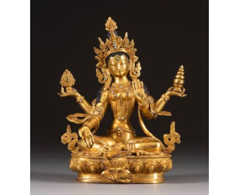   VIERARMIGE TARA     Tibet, wohl 19. Jh.     Bronze, part. farbig gefasst. H. 21,8 cm. Gemarkt. Part. ber., Verlust der Verg