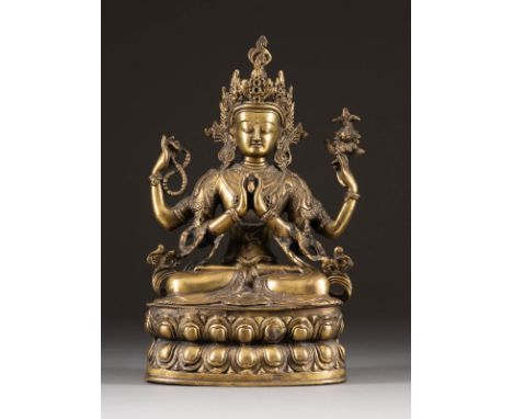   SITZENDER AVALOKITESHVARA     Nepal/Tibet, 19./20. Jh.     Bronze. H. 37 cm. Part. min. best., altersgemäße Gebrauchsspuren