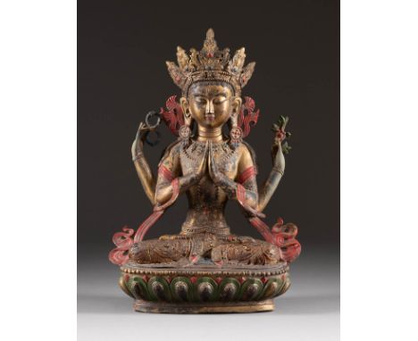   SITZNDER BODHISATTVA     China, wohl 19. Jh.     Bronze, part. vergoldet, part. farbig gefasst. H. 37.8 cm. Marke auf dem S