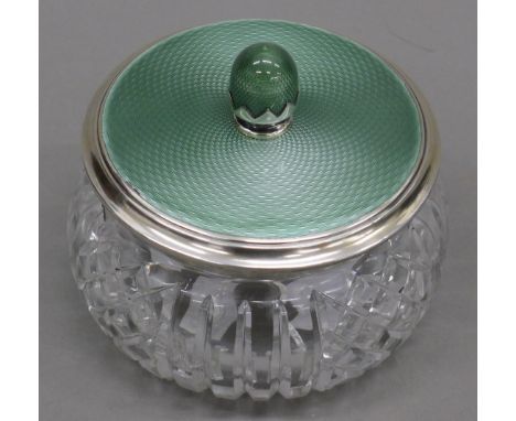 A sage green guilloche enamel silver topped cut glass bowl, hallmarked London 1936. 9 cm high.