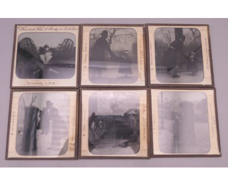 Six magic lantern slides, five slides relating to 'The Posting of a Letter (from Life) by GWW (slide numbers 2-6 inclusive) t