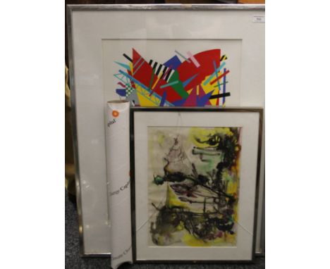 An abstract Pop Art print, an abstract watercolour and a Climate Change Capital 5th Anniversary poster. The former 62 x 82.5 