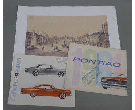 A print of Biggleswade and two American car advertising booklets, one for Pontiac 1961 and the other Plymouth Valiant 1961. 