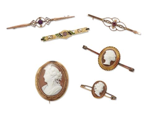 A GROUP OF VICTORIAN AND LATER BROOCHES comprising THREE SHELL CAMEO BROOCHES, 3.6cm by 3cm and smaller, two marked '9CT'; A 