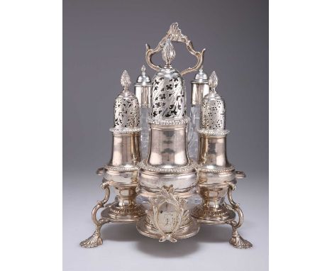 A GEORGE II SILVER WARWICK CRUET by John Delmester, London 1762 and 1765, of characteristic form with central carrying handle