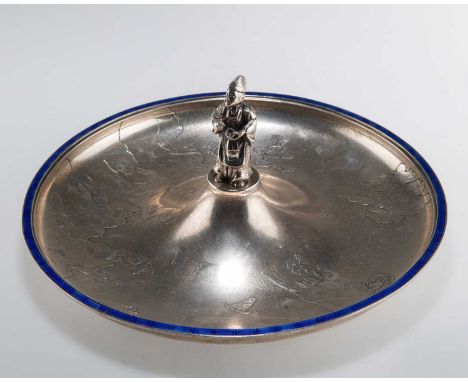 A SILVER AND ENAMEL DISH probably Japanese, c.1920, circular, the border with blue enamel decoration, the surface etched with