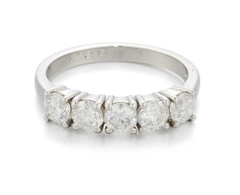 A PLATINUM DIAMOND FIVE STONE RING round brilliant-cut diamonds in claw settings. Stated total diamond weight 1.25ct, hallmar