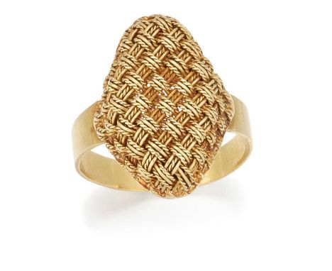 A DRESS RING the navette bezel of woven design. Marked '750', ring size L1/2, 4.8 gramsLight wear. Bezel measures 2cm by 1.3c