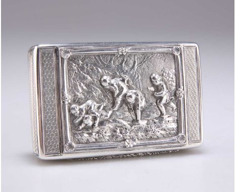 A VICTORIAN SILVER SNUFF BOX by Thomas Edwards, London 1848, rectangular, the hinged cover with cast scene of children playin