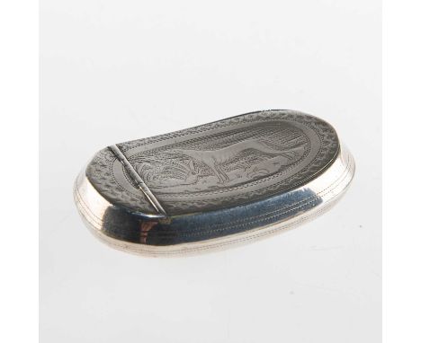 A GEORGE III SILVER SNUFF BOX by Thropp &amp; Taylor, Birmingham 1811, oval, shaped for the pocket, engraved with greyhound a