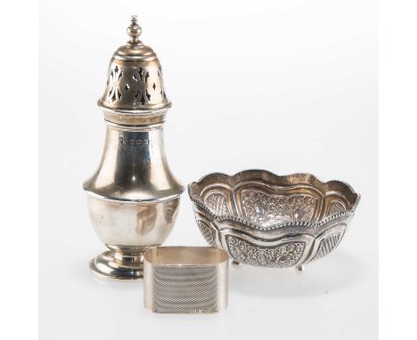 THREE PIECES OF SILVER comprising baluster sugar caster, engine-turned napkin ring and foreign bowl. (3) Caster 15cm high, 5.