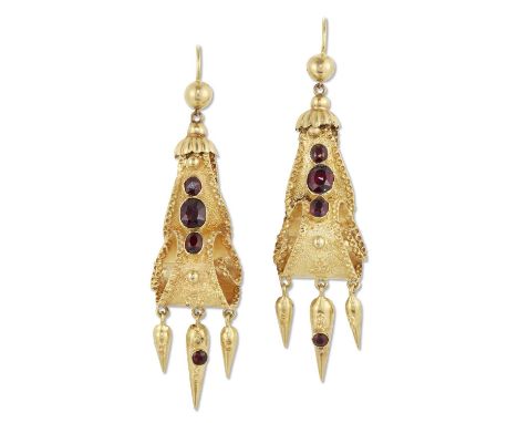 A PAIR OF MID 19TH CENTURY GARNET PENDANT EARRINGS elaborate textured scrolls set with cushion-cut garnets and suspending gar