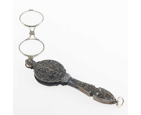 A CONTINENTAL SILVER FOLDING LORGNETTE unmarked, late 19th Century, chased front and back with a putto and foliage. 13cm long