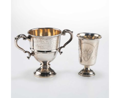 A CONTINENTAL SILVER CUP AND A SILVER TWO-HANDLED CUP the first with import marks, Jacob Feinmesser, London 1898; the second,