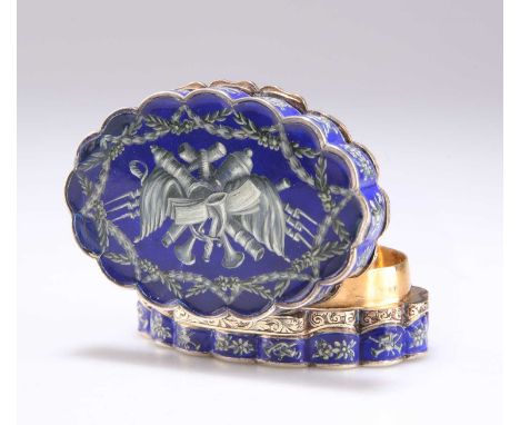 AN EARLY VICTORIAN SILVER AND ENAMEL SNUFF BOX by Nathaniel Mills, Birmingham 1844, shaped oval, the hinged cover painted wit