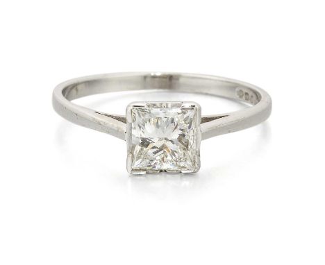 AN 18 CARAT WHITE GOLD SOLITAIRE PRINCESS-CUT DIAMOND RING a princess-cut diamond in a claw setting. Diamond weight 1.00ct, h