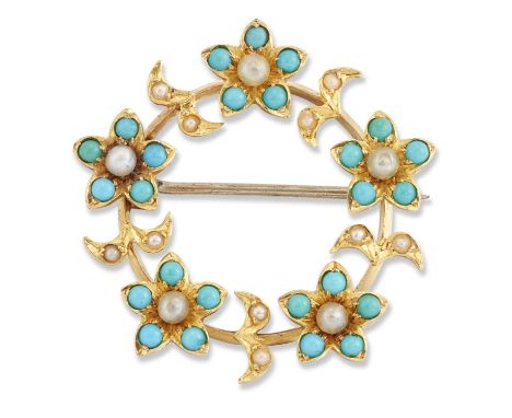 A LATE 19TH CENTURY TURQUOISE AND SEED PEARL WREATH BROOCH turquoise and seed pearl forget-me-nots alternating with seed pear