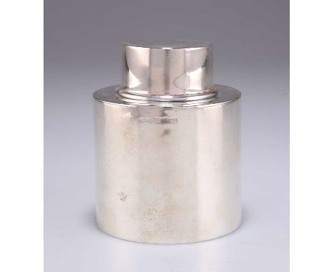 A GEORGE V SILVER CADDY by Arthur &amp; John Zimmerman, Birmingham 1911, plain cylindrical with pull-off cover. 8.5cm high, 3