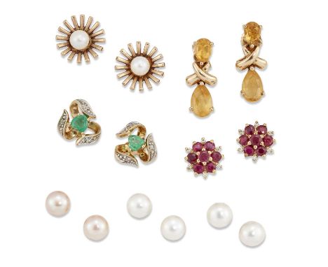 SEVEN PAIRS OF STUD EARRINGS comprising A PAIR OF EMERALD AND DIAMOND SCROLL STUD EARRINGS, 1cm diameter; A PAIR OF RUBY AND 