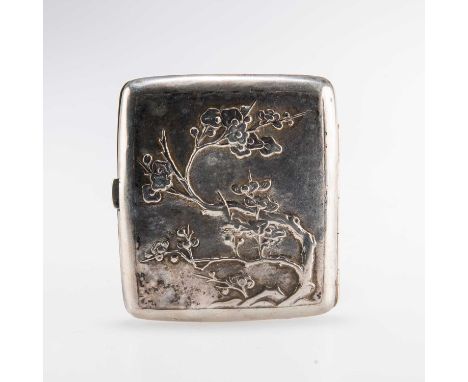 A CHINESE EXPORT SILVER CIGARETTE CASE unmarked, late 19th/early 20th Century, shaped for the pocket, chased with prunus blos
