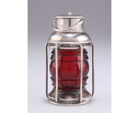 A VICTORIAN SILVER AND RUBY GLASS NOVELTY TABLE LIGHTER by Deakin &amp; Francis Ltd, Birmingham 1895, in the form of a lanter