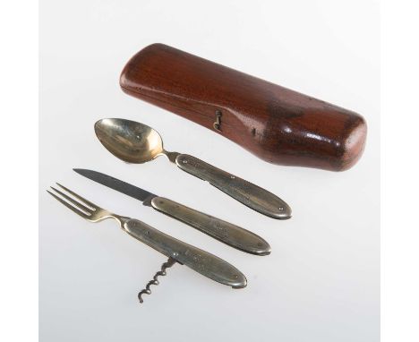 A 19TH CENTURY RUSSIAN SILVER-GILT CAMPAIGN SET marks indistinct, comprising folding spoon, knife and fork/corkscrew, each en