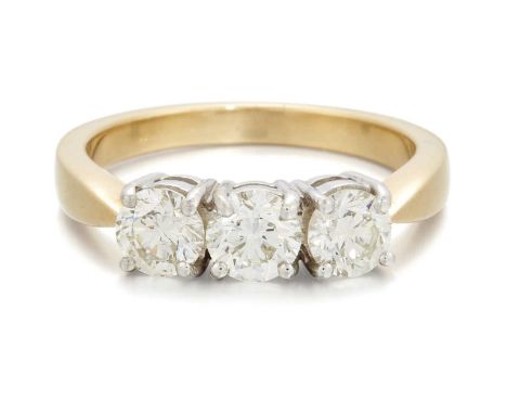 AN 18 CARAT GOLD DIAMOND THREE STONE RING round brilliant-cut diamonds in claw settings. Estimated total diamond weight 1.25c