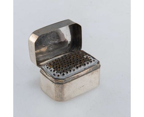 A GEORGE III SILVER NUTMEG GRATER by Joseph Willmore, Birmingham 1806, rectangular with canted corners. 3.3cm wideGrate is sh