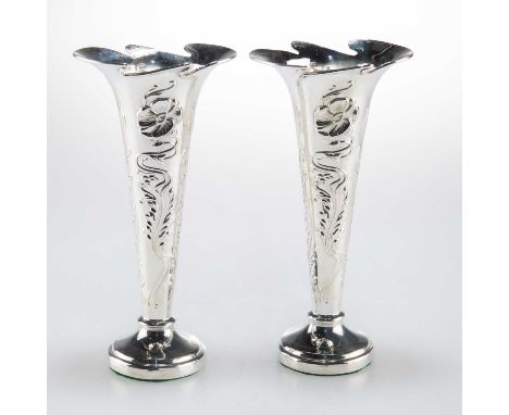 A PAIR OF ART NOUVEAU SILVER VASES by Mappin &amp; Webb Ltd, Sheffield 1905, chased with stylised flowers and foliage, weight