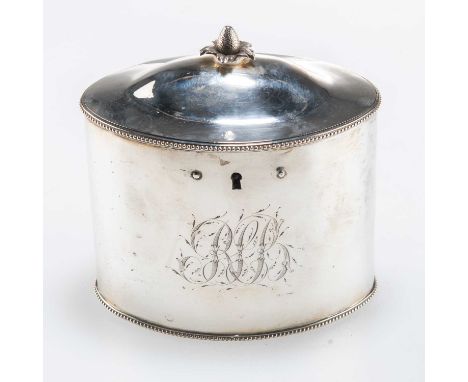 A GEORGE III SILVER TEA CADDY by Robert Hennell I, London 1784, incuse duty mark, oval, with beaded rims and pineapple finial