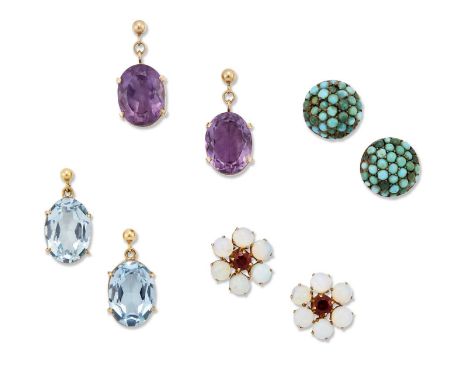 FOUR PAIRS OF GEM SET EARRINGS comprising A PAIR OF BLACK OPAL AND GARNET CLUSTER STUD EARRINGS, 1.5cm diameter; A PAIR OF BL