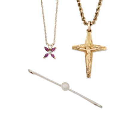 FOUR ITEMS OF JEWELLERY comprising A RUBY AND DIAMOND PENDANT, ON A FINE CHAIN, marked '375', pendant 8mm diameter, 1.3 grams