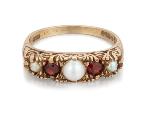 A 9 CARAT GOLD SPLIT PEARL AND GARNET RING  hallmarked London 1971, ring size M1/2, 3.7 gramsGood condition.