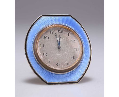 AN ART DECO SILVER AND ENAMEL STRUT CLOCK by A Buckley Ltd, Birmingham 1925, the circular dial with Arabic numerals, the roun