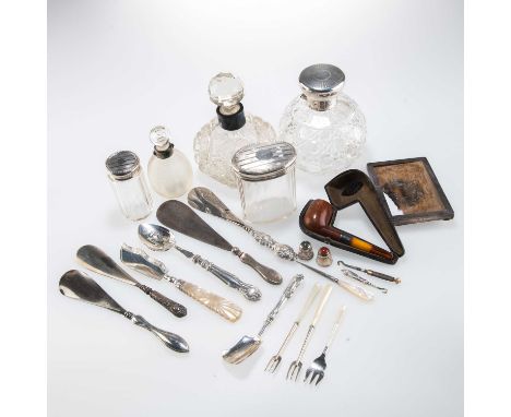 A GROUP OF SILVER  AND OTHER ITEMS including silver-topped and -mounted jars, serving pieces, cased pipe, etc. (Qty) Silver-t