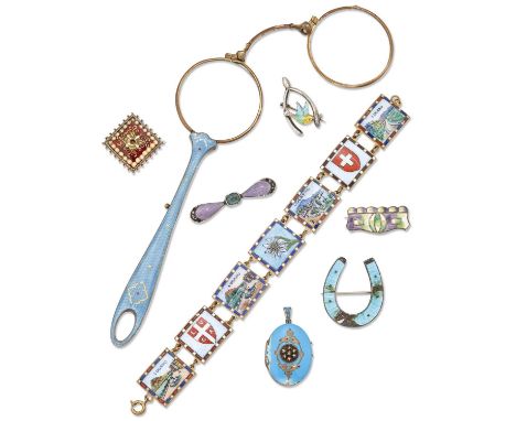 A GROUP OF LATE 19TH / EARLY 20TH CENTURY ENAMEL JEWELLERY AND ITEMS comprising A BLUE GUILLOCHE ENAMEL LORGNETTE, 14.5cm lon